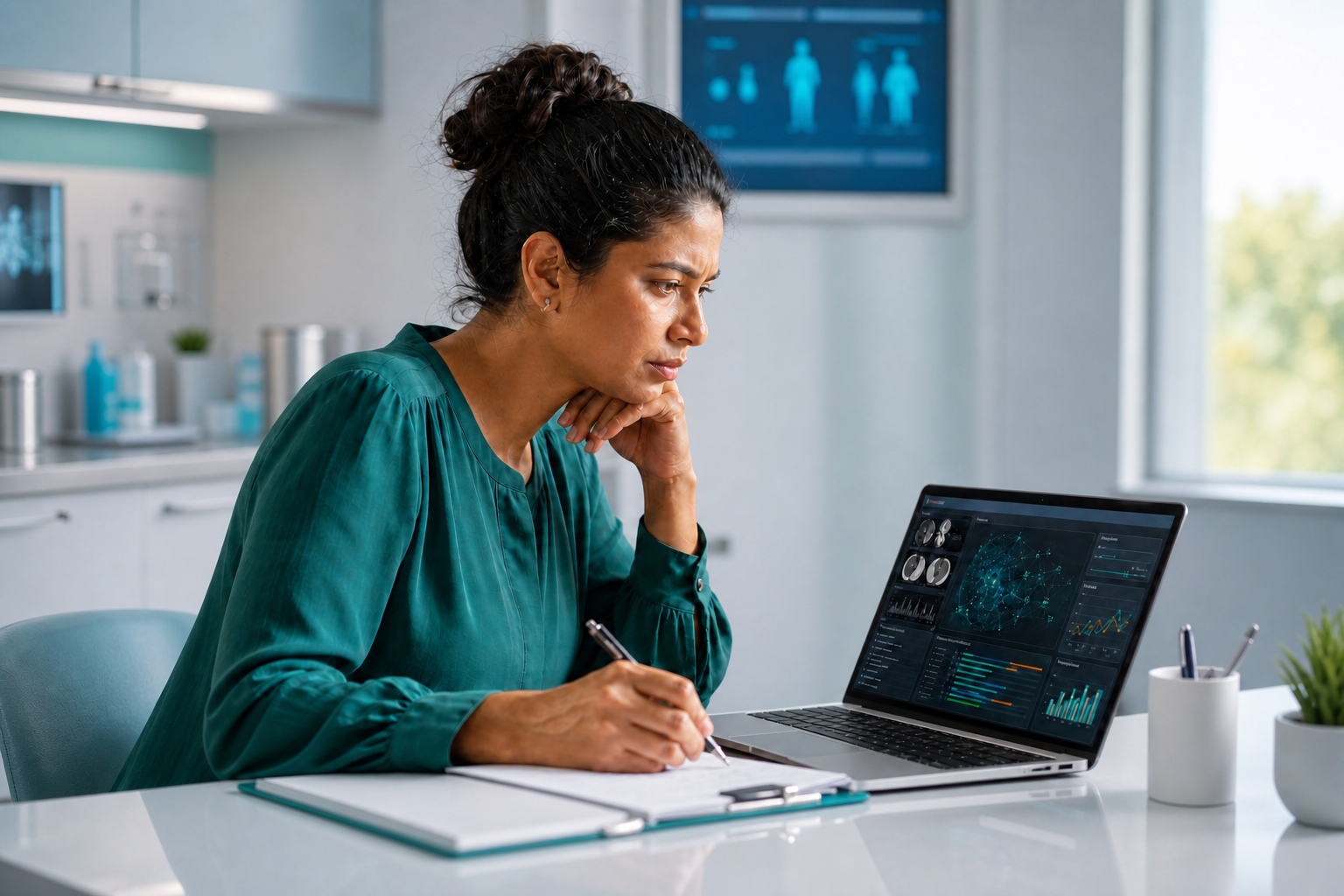 A woman searches and studies medical research on a laptop with AI assistance