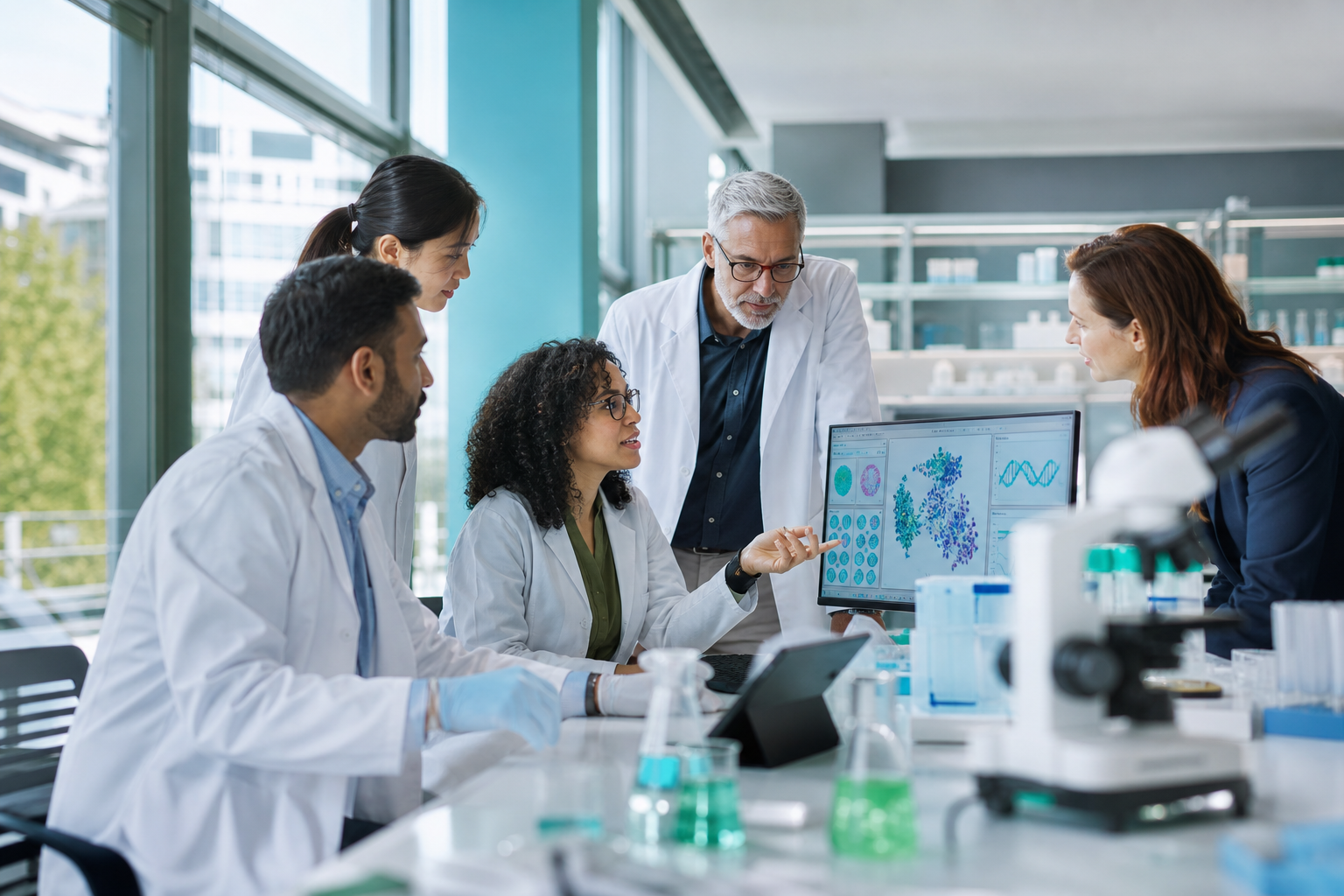 Research team collaborates around data in a modern laboratory