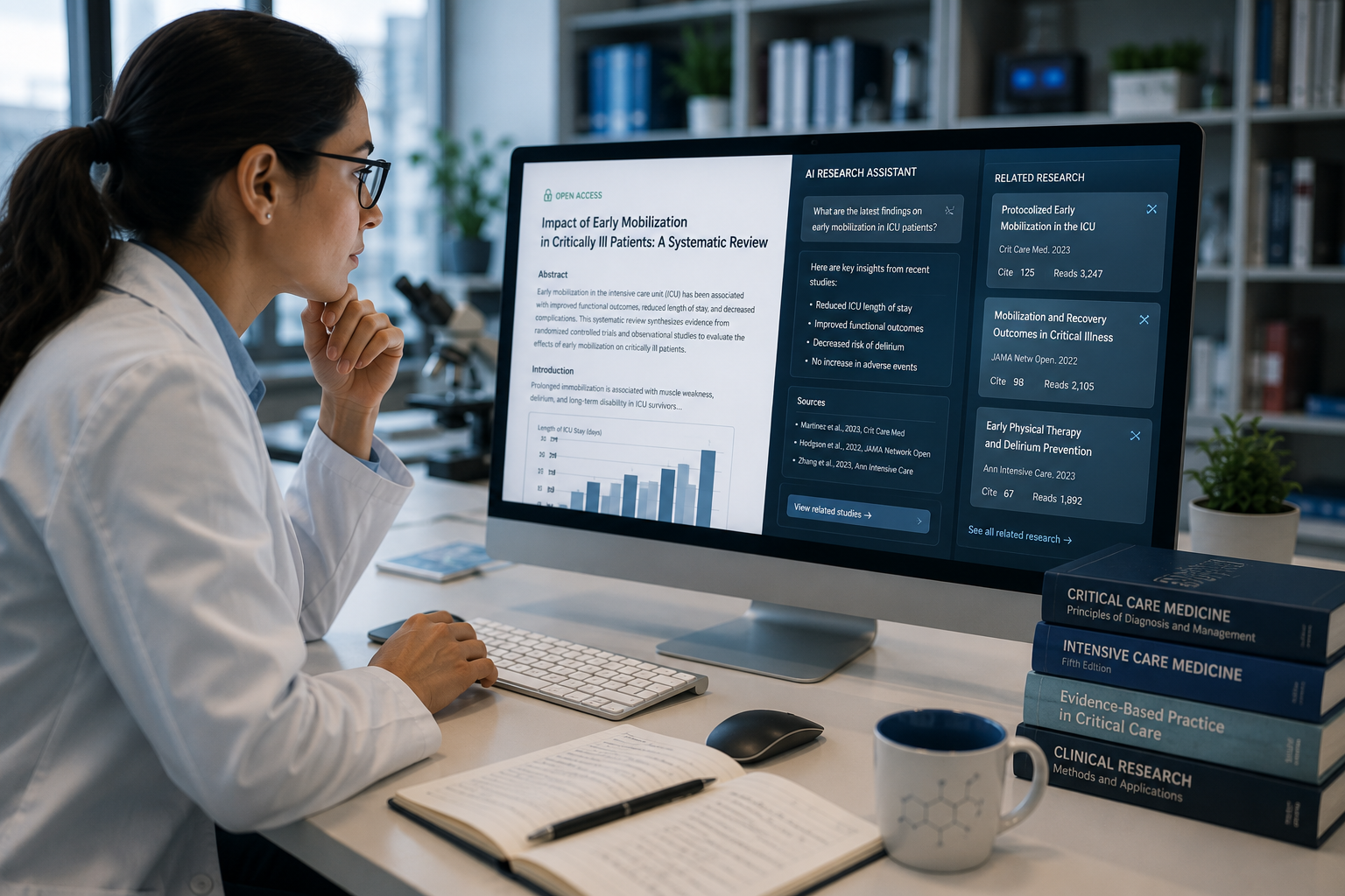 A doctor searches and reviews open access medical research on a desktop computer using AI tools