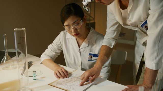 Scientists in a lab reviewing findings on a paper