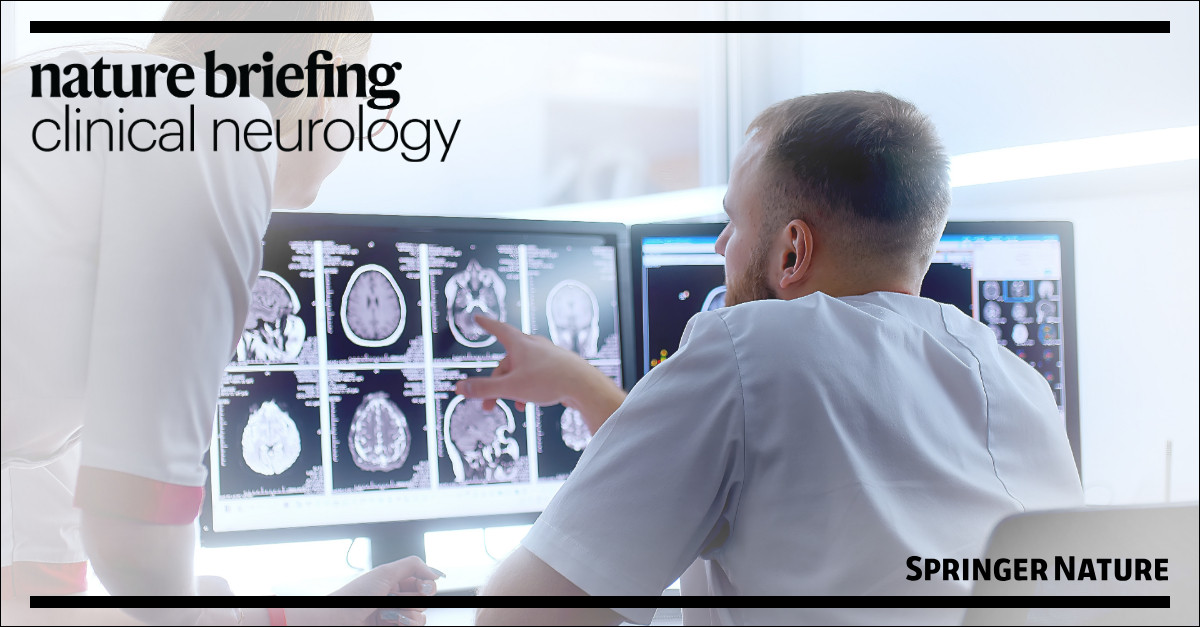 Nature Briefing Clinical Neurology. A clinician points at brain images on a computer screen.
