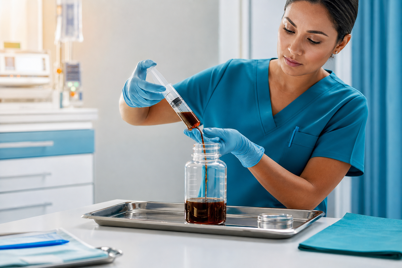 Clinic professional pours cola into a jar from a syringe