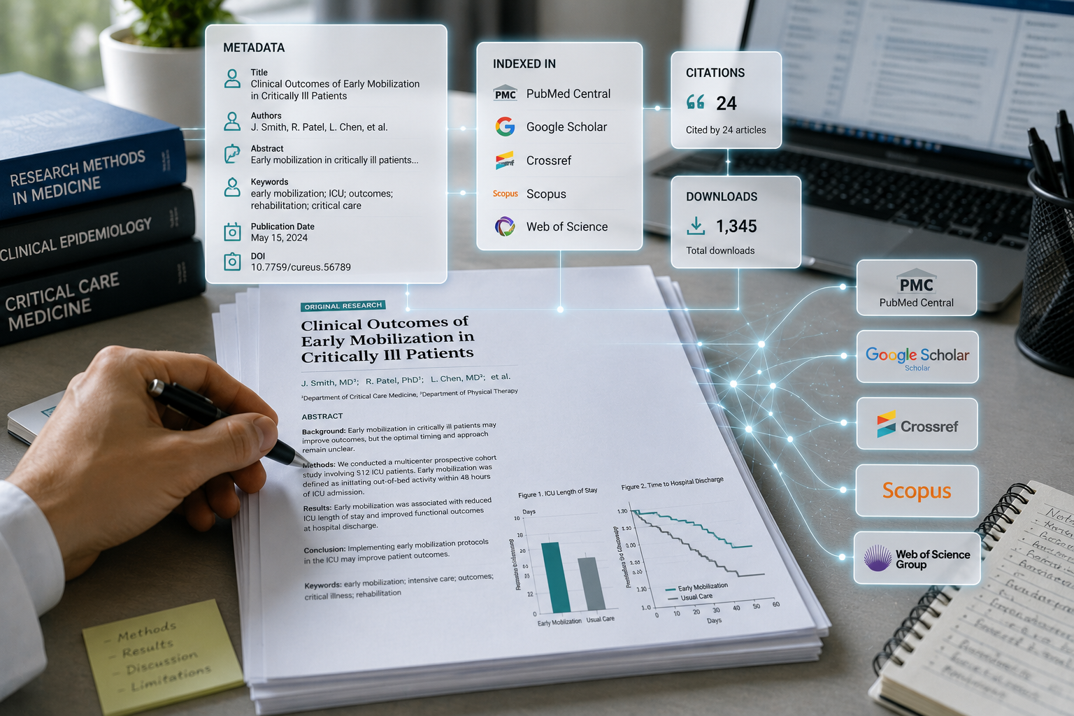 A photo illustration depicting multiple visibility and discoverability elements of medical research, like metadata, citations, downloads, and indices